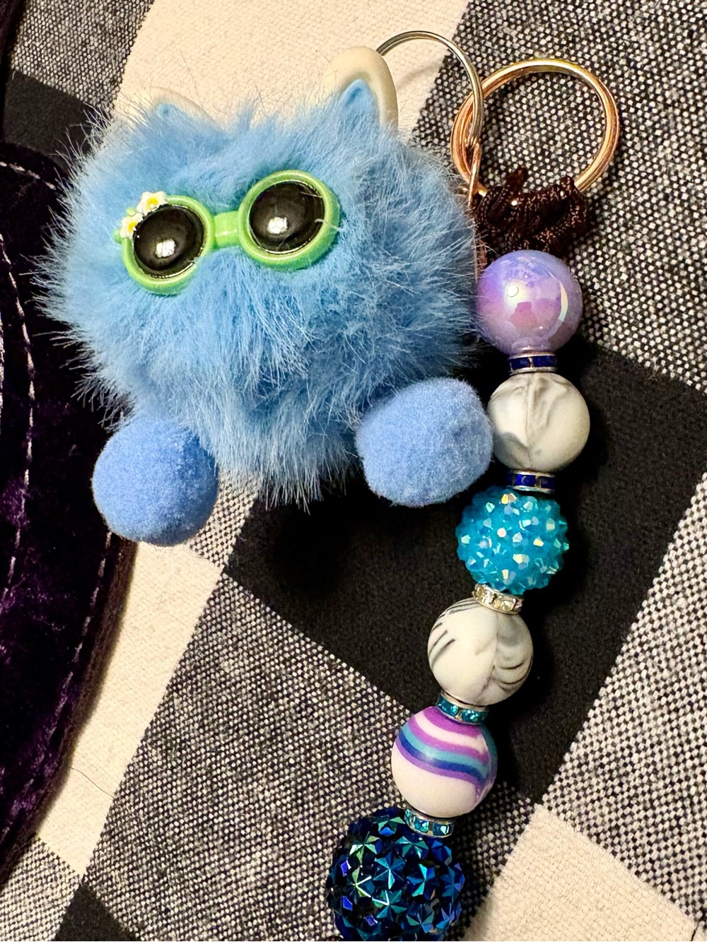 Handmade Textured beaded key chain with fuzzy blue bag charm